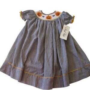 NEW Royal Child Smocked Black Gingham Dress Baby Size 12 M Halloween Pumpkin Bat